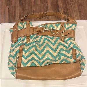 Chevron Patterned Tan and Teal Women's Bag
